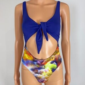 Zuiki Reversible One Piece Swimsuit Blue Abstract Cloud Print Cutout Tie Front